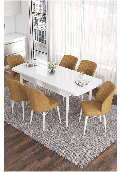 Eva Serisi, 80X132 Açılabilir Mdf Beyaz Masa,mutfak Masası ve 6 Sandalye Cappucino fiyatları