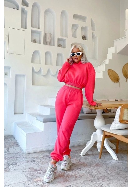Kadın Uzun Kollu Kapüşonlu Beli Lastik Detay Sweat ve Yüksek Bel Bileği Lastikli Pantolon Üç Üplik Kumaş Ikili Takım