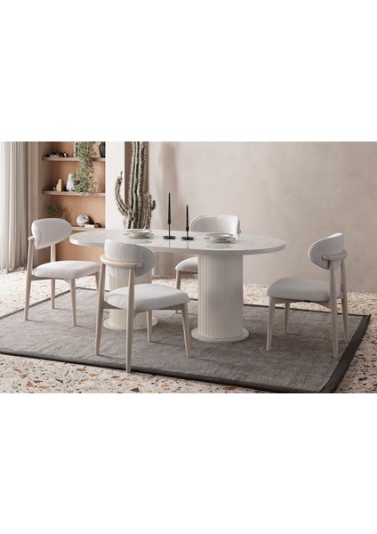 Mermer Desen Oval 4 Sandalyeli Masa Takımı