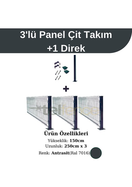 150 cm 3 'lü Panel Çit Takım Çift Telli + 1 Direk Avantaj Paketi 7,5 Metre Antrasit