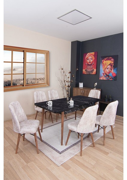 KFH-1916 Siyah Mermer Renk Dikdörtgen Açılabilir Yemek ve Mutfak Masa 80X170 Takımı 6 Sandalyeli Krem