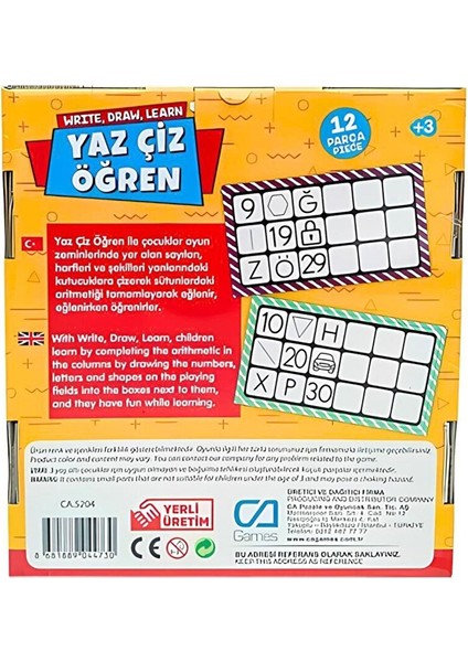 Yaz Çiz Öğren 3+ Yaş ve Üzeri Çocuklar Için 12 Parçalı Eğitici Etkinlik Oyunu fiyatları