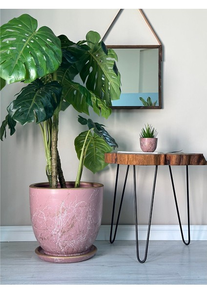 Klasik Saksı Mia Tabaklı 38 cm x 40 cm Pembe Beyaz Gold Bej Mermer Desenli