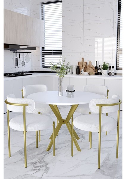 Mina Masa Sandalye Takım 90 cm Masa Mat Gold 4 Sandalye Teddy Sandalye Bukle - Teddy Kumaş fiyatları