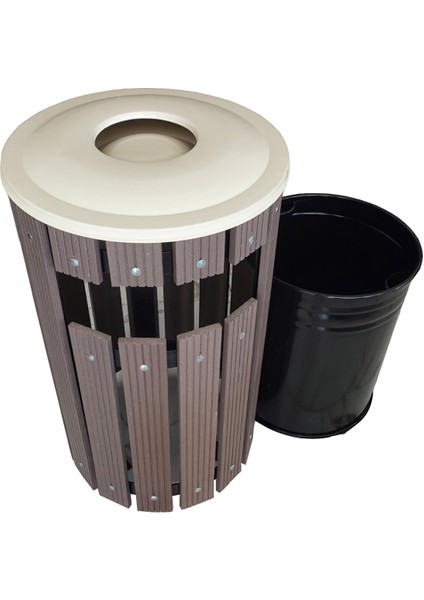 Kompozit Ahşap+Plastik Yuvarlak Çöp Kovası Pencereli Sç 15 Khp Kahverengi 50 Lt.