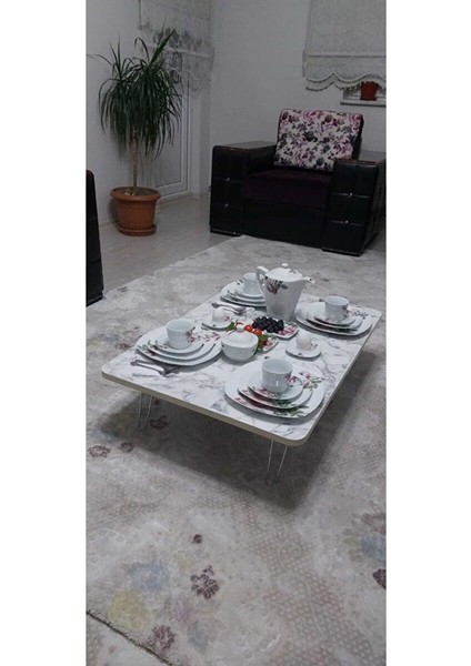 Ahşap Dikdörtgen Yer Sofrası-Hamur Açma Masası - Beyaz Mermer 70 x 120 cm