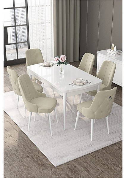 Nex Serisi, 80X132 Mdf Açılabilir Beyaz Masa Takımı, 6 Sandalye Gümüş Halkalı Krem