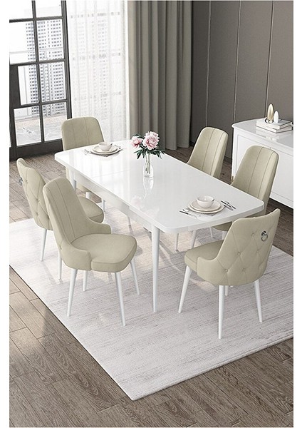 Nex Serisi, 80X132 Mdf Açılabilir Beyaz Masa Takımı, 6 Sandalye Gümüş Halkalı Krem fiyatları