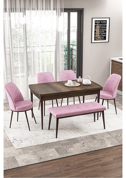 Via Serisi Barok Ahşap Desen 80X132 Yemek Odası Takımı 4 Sandalye,1 Pera Bench Pembe
