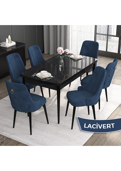 Noa Serisi, 80X132 Mdf Açılabilir Siyah Mermer Desen Masa Takımı, 6 Sandalye Gold Halkalı Lacivert