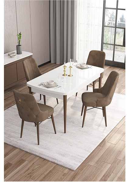 Are Serisi,beyaz Masa Ceviz Ayak Mdf 80X132 Açılabilir Yemek Odası Takımı,4 Sandalye Gold Halkalı Kahverengi