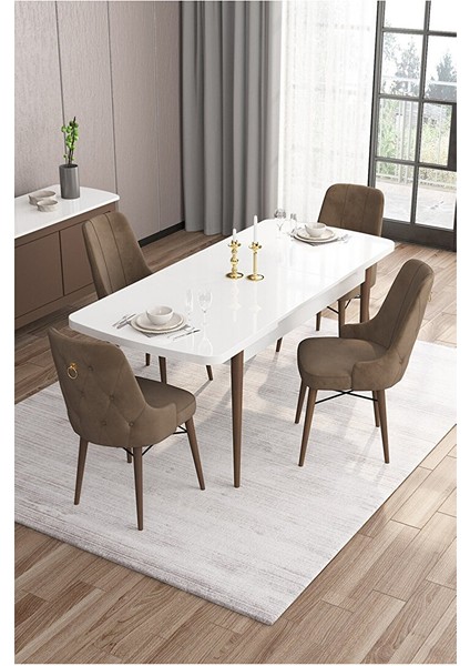 Are Serisi,beyaz Masa Ceviz Ayak Mdf 80X132 Açılabilir Yemek Odası Takımı,4 Sandalye Gold Halkalı Kahverengi fiyatları