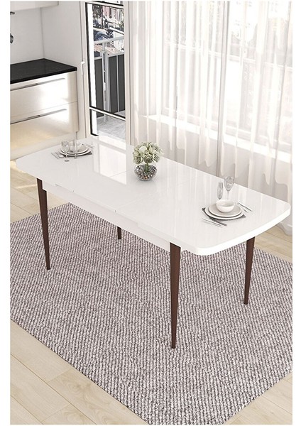 Are Serisi,beyaz Masa Ceviz Ayak Mdf 80X132 Açılabilir Yemek Odası Takımı,4 Sandalye Gold Halkalı Kahverengi fırsatları