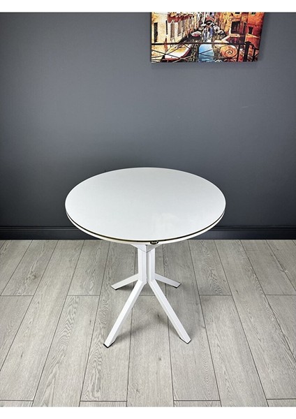 Derya Beyaz Yuvarlak Mutfak Masa Yemek Masa Balkon Masa Gold Kenar Metal Beyaz Ayak 70 cm Beyaz/beyaz