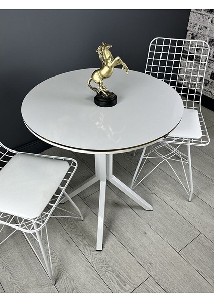 Derya Beyaz Yuvarlak Mutfak Masa Yemek Masa Balkon Masa Gold Kenar Metal Beyaz Ayak 70 cm Beyaz/beyaz fırsatları
