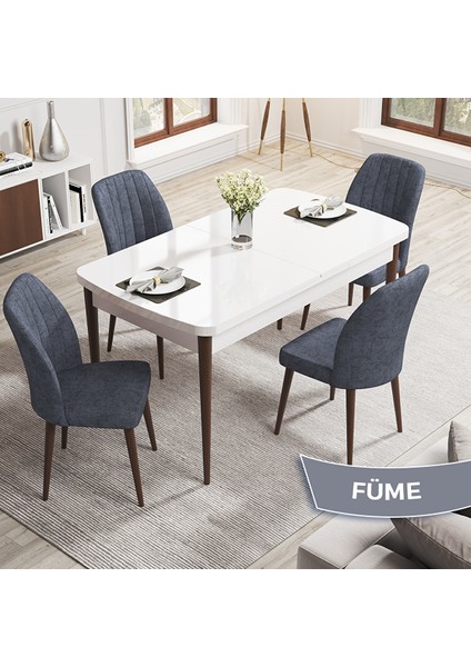 Rio Serisi 80X132 Açılabilir Mdf Beyaz Masa Ceviz Ayak Masa Takımı ve 4 Füme Sandalye Füme
