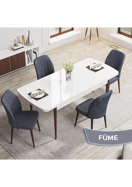 Rio Serisi 80X132 Açılabilir Mdf Beyaz Masa Ceviz Ayak Masa Takımı ve 4 Füme Sandalye Füme fiyatları