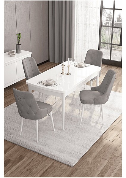 Are Serisi, 80X132 Mdf Açılabilir Beyaz Masa Takımı, 4 Sandalye Gümüş Halkalı Gri