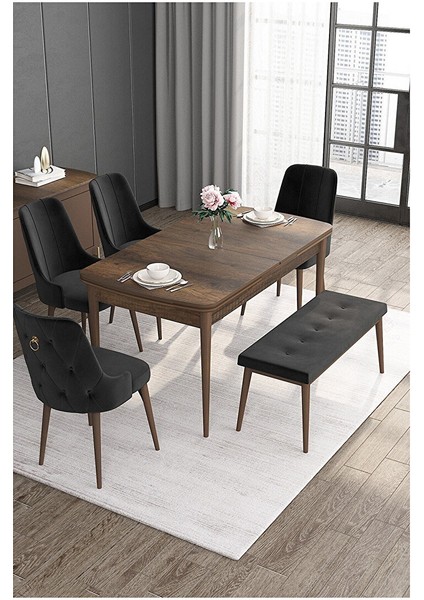 Noa Serisi, Mdf 80X132 Açılabilir Barok Ahşap Desen Mutfak Masa Takımı, 4 Sandalye Gold Halkalı ve 1 Bench Siyah
