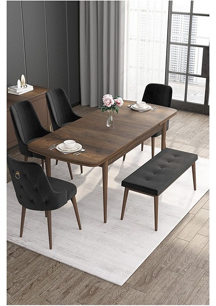 Noa Serisi, Mdf 80X132 Açılabilir Barok Ahşap Desen Mutfak Masa Takımı, 4 Sandalye Gold Halkalı ve 1 Bench Siyah fiyatları