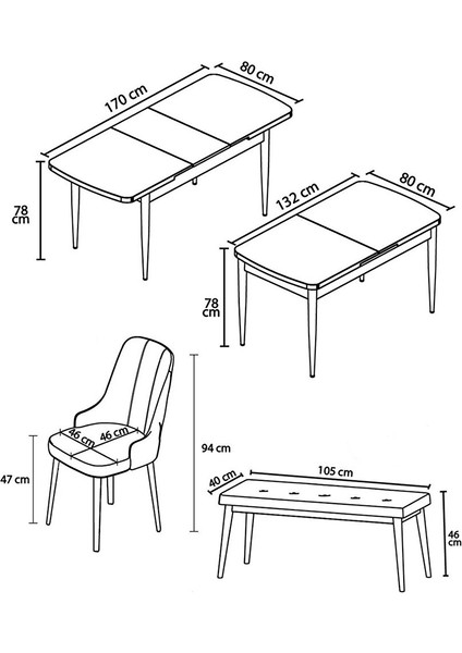 Noa Serisi, Mdf 80X132 Açılabilir Barok Ahşap Desen Mutfak Masa Takımı, 4 Sandalye Gold Halkalı ve 1 Bench Siyah indirimleri