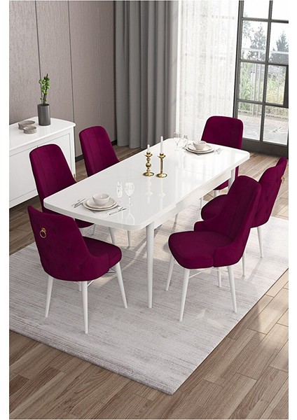 Are Serisi, 80X132 Mdf Açılabilir Beyaz Masa Takımı, 6 Sandalye Gold Halkalı Mürdüm fiyatları