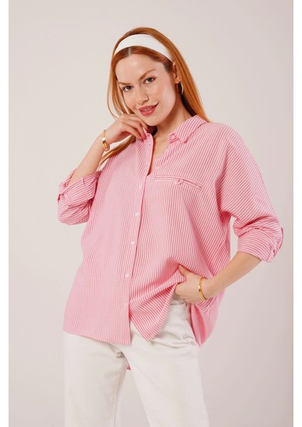Cep Detay Çizgili Oversize Pembe Gömlek