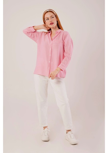 Cep Detay Çizgili Oversize Pembe Gömlek fiyatları