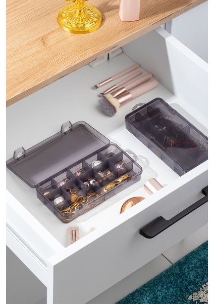 Dört Bölmeli Şeffaf Takı ve Boncuk Organizer Kutusu, Gri Renk