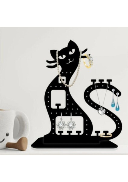 Siyah Ahşap Kedi Figürlü Takı Düzenleyici, Şık ve Doğal Tasarım