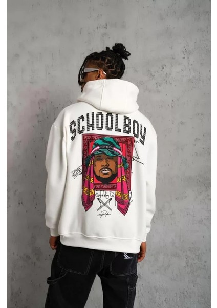 Erkek School Boy Baskılı Kapüşonlu Sweat - Beyaz