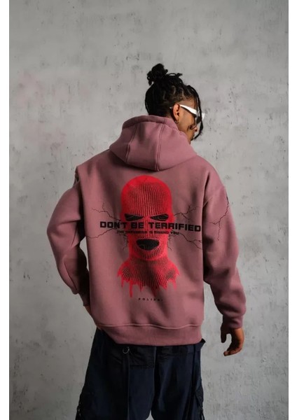 Erkek Maske Baskılı Kapüşonlu Sweat - Gül Kurusu