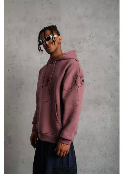 Erkek Maske Baskılı Kapüşonlu Sweat - Gül Kurusu fiyatları