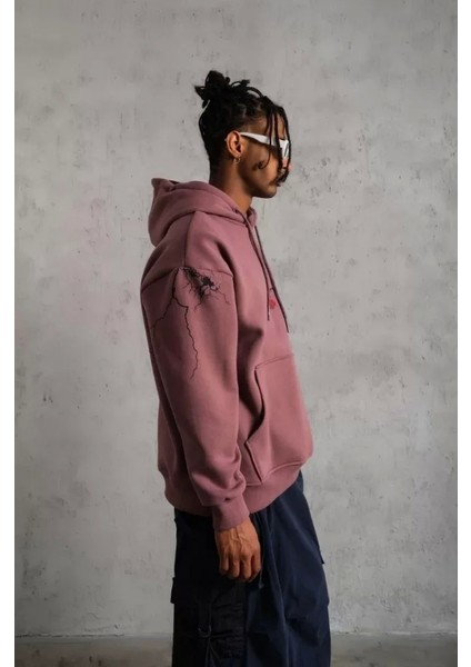 Erkek Maske Baskılı Kapüşonlu Sweat - Gül Kurusu fırsatları