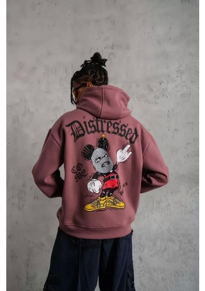 Erkek Üç Iplik Baskılı Kapüşonlu Sweat - Gül Kurusu