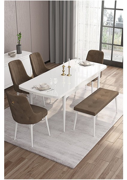Taç Serisi, Beyaz Mutfak Masa Takımı 80X132 Açılabilir, 4 Sandalye Gold Halkalı 1 Bench Kahverengi
