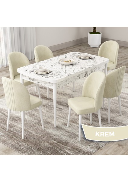 Roe Serisi 80X132 Açılabilir Beyaz Mermer Desen Mutfak Masası Takımı ve 6 Krem Sandalye Krem