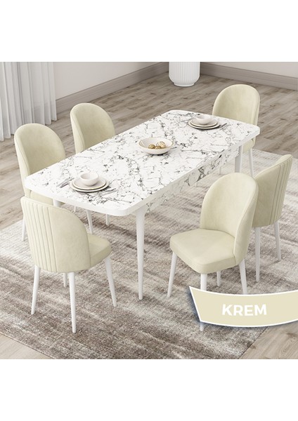 Roe Serisi 80X132 Açılabilir Beyaz Mermer Desen Mutfak Masası Takımı ve 6 Krem Sandalye Krem fiyatları