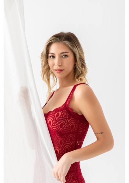 Özel Devore Transparan Babydoll Stri̇ng Takim Bordo (31842) Fırsat!!!