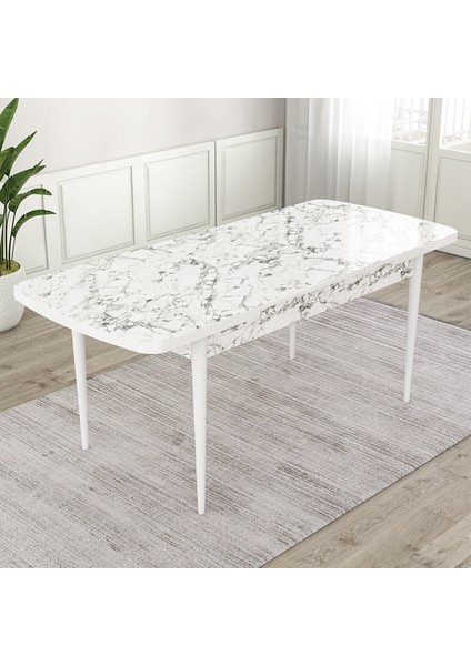 Roe Serisi 80X132 Açılabilir Beyaz Mermer Desen Mutfak Masası Takımı ve 6 Krem Sandalye Krem fırsatları