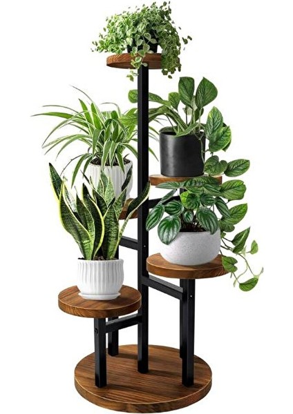 Çiçeklik 5 Raflı Saksılık Dekoratif 5 Raflı Çiçeklik Metal Doğal Ahşap Saksılık Çiçek Rafı Daire Model