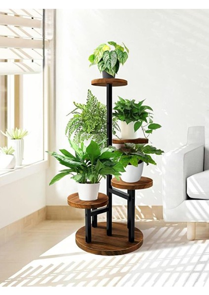Çiçeklik 5 Raflı Saksılık Dekoratif 5 Raflı Çiçeklik Metal Doğal Ahşap Saksılık Çiçek Rafı Daire Model indirimleri