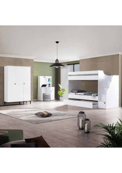 Genç Odası, White Complex Yavrulu Ranza + Çalışma Masası + 3 Kapaklı Dolap