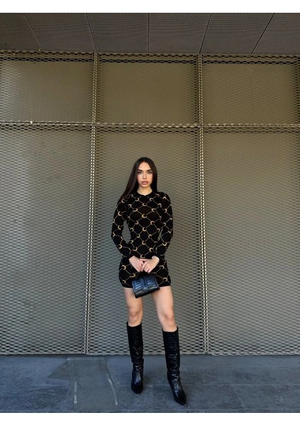Kadın Bisiklet Yaka Uzun Kol Triko Mini Boy Elbise modelleri