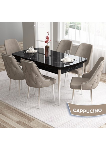 Tia Serisi Açılabilir 80X132 Siyah Mermer Desen Mdf Mutfak Masası Takımı ve 6 Cappucino Sandalye Gümüş Detay Cappucino