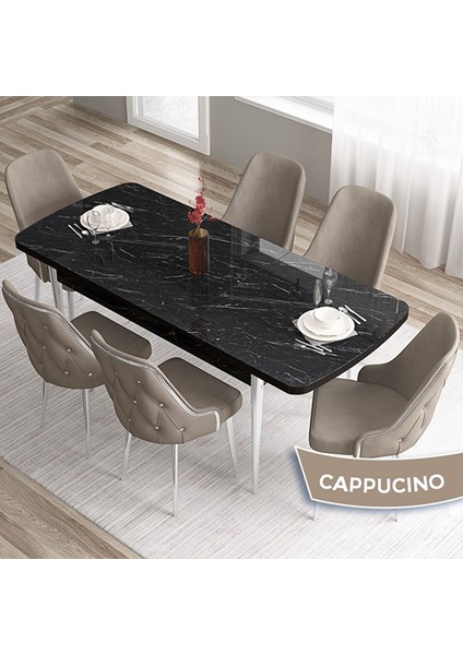Tia Serisi Açılabilir 80X132 Siyah Mermer Desen Mdf Mutfak Masası Takımı ve 6 Cappucino Sandalye Gümüş Detay Cappucino fiyatları