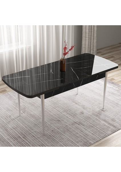 Tia Serisi Açılabilir 80X132 Siyah Mermer Desen Mdf Mutfak Masası Takımı ve 6 Cappucino Sandalye Gümüş Detay Cappucino fırsatları