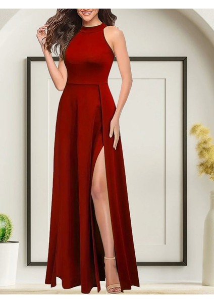 Kadınhalter Yaka Derin Yırtmaç Detaylı Tam Boy Ithal Krep Abiye Elbise modelleri