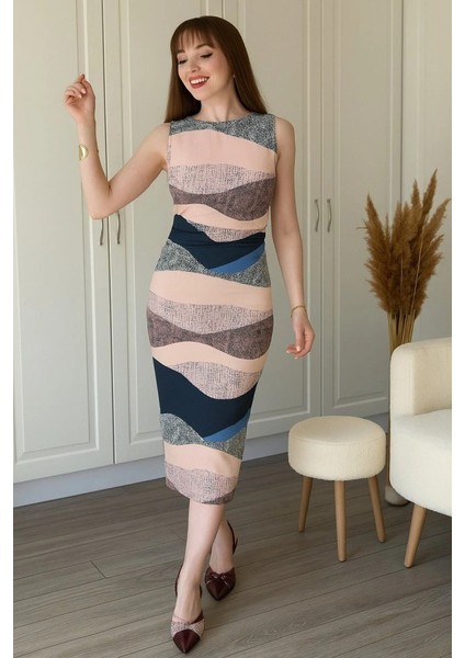 Kadın Sıfır Kol Sıfır Yaka Drape Detaylı Midi Janjan Dalgıç Elbise fiyatları