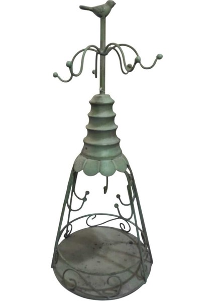 Yeşil Metal 44CM 11 Askılı Kuşlu Kafes Takı Organizer Düzenleyici